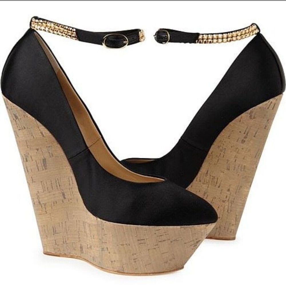 Giuseppe Zanotti Design 38 7.5 La Rocque Rhinestone Ankle Strap Cork Wedges